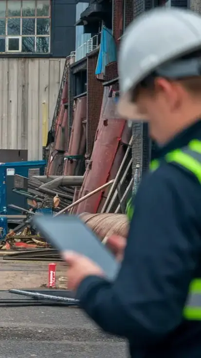 Operatore in alta visibilità registra i rifiuti da tablet nel piazzale aziendale